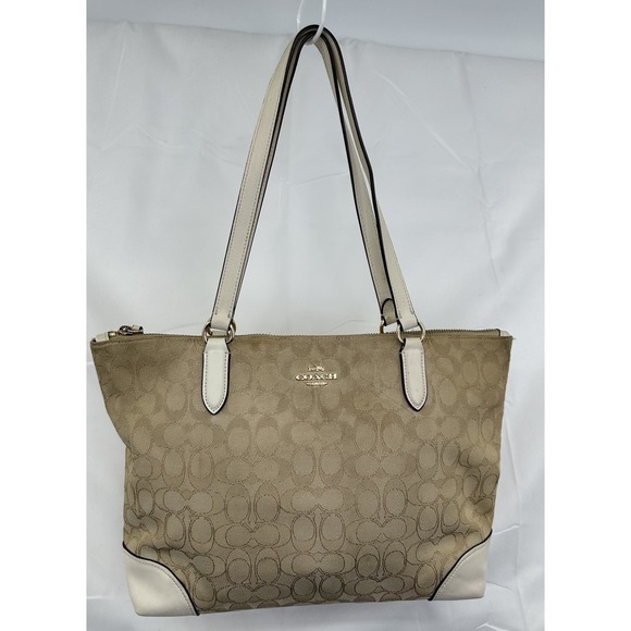 COACH Tote Purse F29958 Signature Canvas Leather Beige White Zipper Shoulder - Picture 14 of 16
